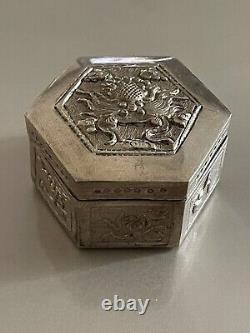 Ancient Silver Box Massive Pushed China Dragon Antic Chinese Silver Box