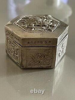 Ancient Silver Box Massive Pushed China Dragon Antic Chinese Silver Box