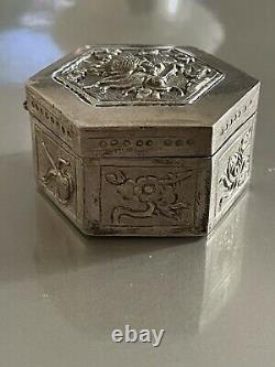 Ancient Silver Box Massive Pushed China Dragon Antic Chinese Silver Box