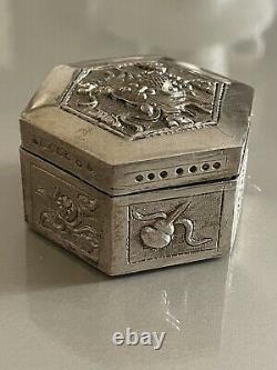 Ancient Silver Box Massive Pushed China Dragon Antic Chinese Silver Box