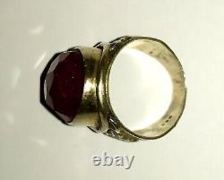 Ancient Silver Ring with Large Cut Cabochon Garnet 925 Solid Silver