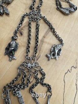 Ancient Silver Russian Oriental Turkmen Ethnic Chatelaine Necklace Jewelry