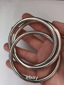 Ancient Solid Silver Bangle Bracelet with Bulging and Intertwined Bracelets
