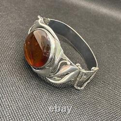 Ancient Solid Silver Cuff Bracelet with Amber Cabochon