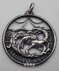 Ancient Solid Silver Pendant Dragon Art Nouveau Cut-Out Vintage # D6