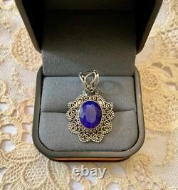 Ancient Solid Silver Pendant Huge Blue Sapphire