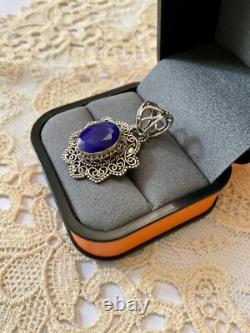 Ancient Solid Silver Pendant Huge Blue Sapphire