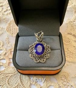 Ancient Solid Silver Pendant Huge Blue Sapphire