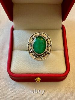 Ancient Solid Silver Ring with Genuine Imposing Emerald Size 55