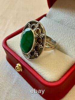 Ancient Solid Silver Ring with Genuine Imposing Emerald Size 55