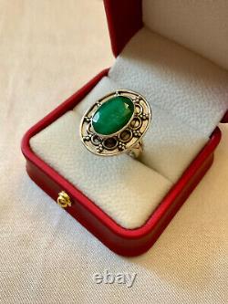 Ancient Solid Silver Ring with Genuine Imposing Emerald Size 55