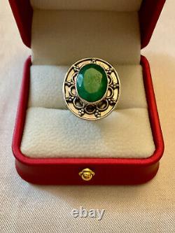 Ancient Solid Silver Ring with Genuine Imposing Emerald Size 55