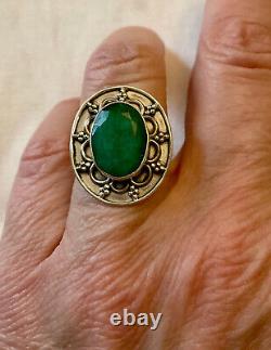 Ancient Solid Silver Ring with Genuine Imposing Emerald Size 55