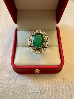 Ancient Solid Silver Ring with Genuine Imposing Emerald Size 55