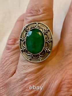 Ancient Solid Silver Ring with Genuine Imposing Emerald Size 55