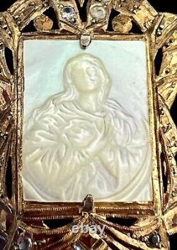 Ancient Solid Silver Vermeil Pendant with Mother of Pearl Cameo Religious Virgin Mary 19th Century