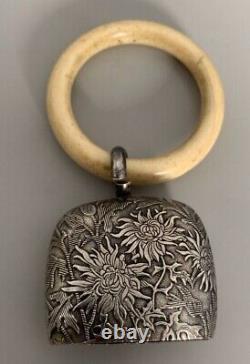 Ancient Superb Solid Silver Rattle Art Nouveau 1900 Flowers