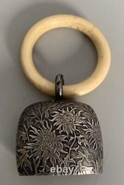 Ancient Superb Solid Silver Rattle Art Nouveau 1900 Flowers