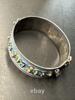 Ancient Tank Bangle Bracelet in Solid Silver with Ethnic Enamel Mesh