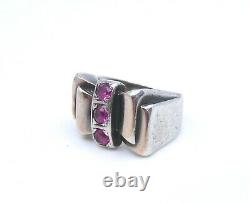 Ancient Tank Ring In Solid Silver And Rhinestone Art Deco 1940 T49