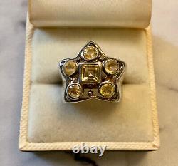 Ancient Tank Ring Star Silver Massive 6 Citrines Genuine Luxury Size 54
