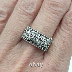 Ancient Tank Silver Ring Massif A Decor Geometrique De Marcassites Art Deco