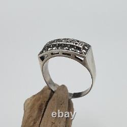 Ancient Tank Silver Ring Massif A Decor Geometrique De Marcassites Art Deco