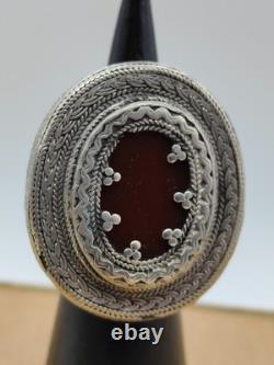 Ancient Turkmen Afghan ring, solid silver, carnelian/agate, 26.5 g