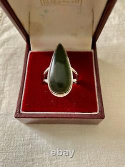Ancient Unique Marquise Ring, Solid Silver, Intricately Crafted, Genuine Jade, Size 57