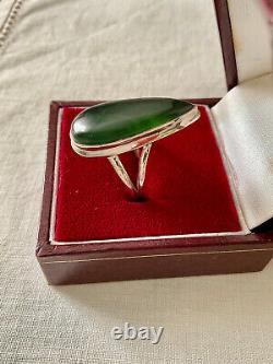Ancient Unique Marquise Ring, Solid Silver, Intricately Crafted, Genuine Jade, Size 57