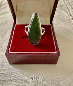 Ancient Unique Marquise Ring, Solid Silver, Intricately Crafted, Genuine Jade, Size 57