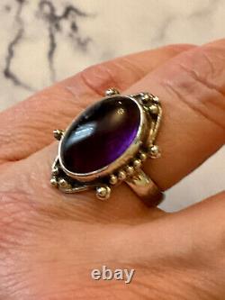 Ancient Unique Solid Silver Ring Crafted with Genuine Amethyst Cabochon Size 55