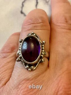 Ancient Unique Solid Silver Ring Crafted with Genuine Amethyst Cabochon Size 55
