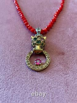 Ancient Vermeil Necklace with 14k Gold Panther, Solid Silver, Coral, Ruby, and Tourmaline