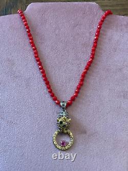 Ancient Vermeil Necklace with 14k Gold Panther, Solid Silver, Coral, Ruby, and Tourmaline