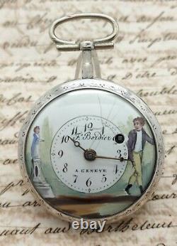 Ancient Watch Au Coq Silver Dial Painted Bordier In Geneva Children's Pocket Watch