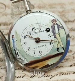 Ancient Watch Au Coq Silver Dial Painted Bordier In Geneva Children's Pocket Watch