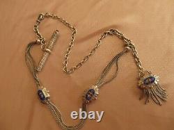 Ancient Watch Chain Rose-decorated Silver Catelaine & Blue Enamel