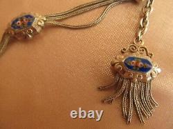 Ancient Watch Chain Rose-decorated Silver Catelaine & Blue Enamel