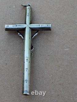 Ancient and large pendant crucifix cross in solid silver (religious object)
