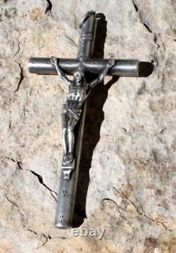 Ancient and large pendant crucifix cross in solid silver (religious object)