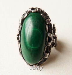 Ancient solid SILVER + Malachite Mermaid silver ring antique jewelry