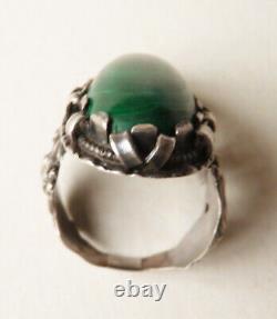 Ancient solid SILVER + Malachite Mermaid silver ring antique jewelry