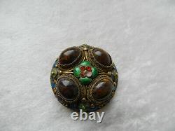 Ancient solid silver brooch with cabochon enamel in Chinese silver