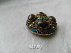 Ancient solid silver brooch with cabochon enamel in Chinese silver