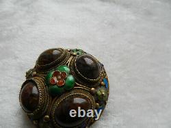 Ancient solid silver brooch with cabochon enamel in Chinese silver