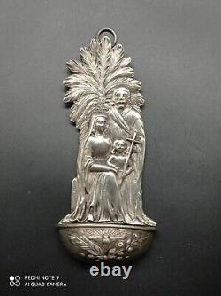 Ancient solid silver holy water font, Jesus, Mary, Joseph, religious, hallmarked
