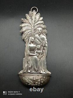 Ancient solid silver holy water font, Jesus, Mary, Joseph, religious, hallmarked