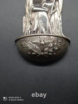 Ancient solid silver holy water font, Jesus, Mary, Joseph, religious, hallmarked
