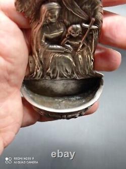 Ancient solid silver holy water font, Jesus, Mary, Joseph, religious, hallmarked